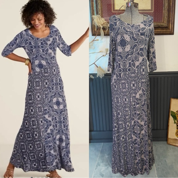 Soft Surroundings Juliette Jersey Maxi Dress Dark Navy Neutral Tile ~ Sz XL 💛🍄 - Picture 1 of 9